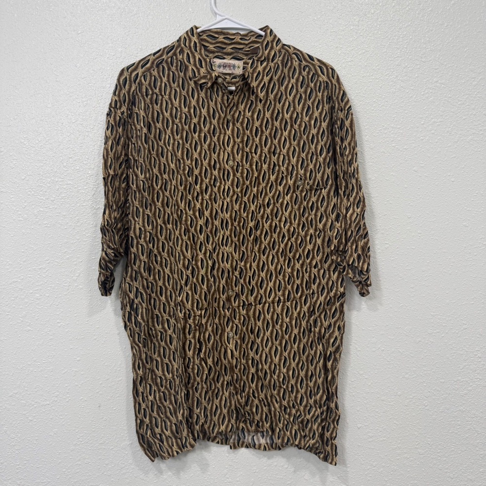 Vintage Campia Moda Men Large Brown Feather Print Rayon Short Sleeve Button Down